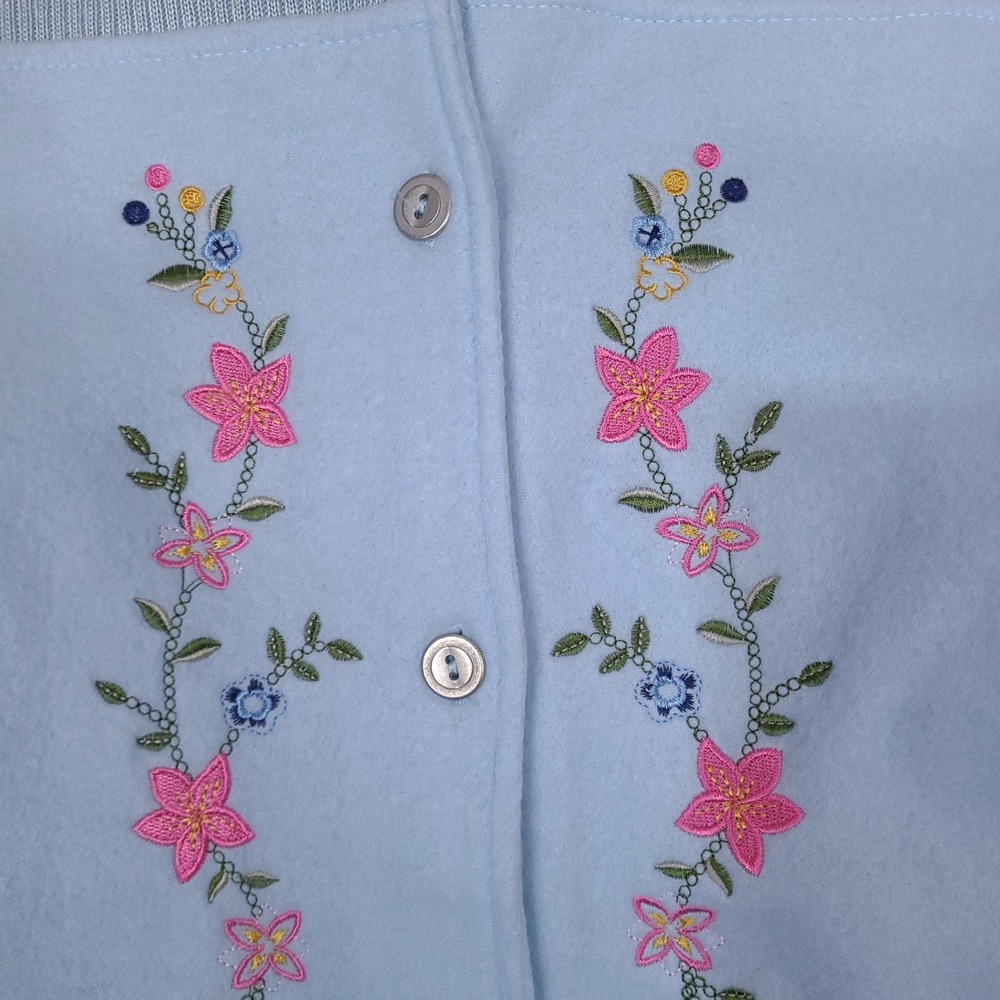 Tudor Court Haband Womens Fleece Cardigan Large Blue‎ Floral Embroidered Button - Picture 2 of 13